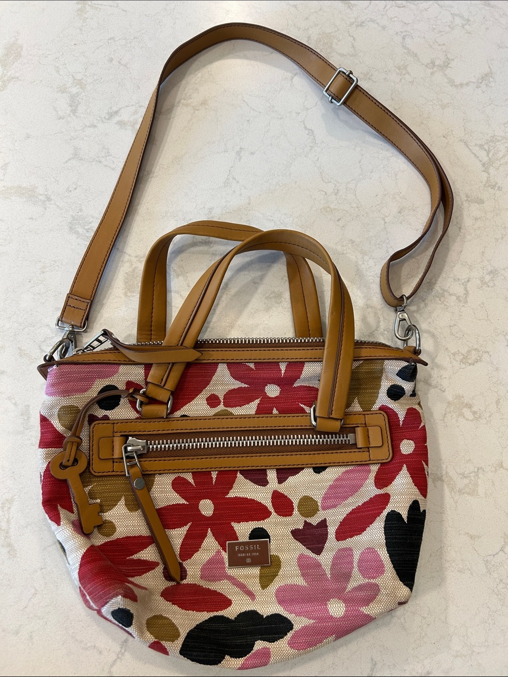 Fossil‎ Handbag Floral Crossbody Satchel 'Dawson' Woven Canvas Key Daisy